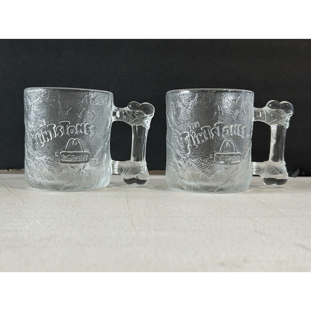 1993 McDonald’s The Flintstones Glass Mug Set of 2 Bone Handle Made in USA